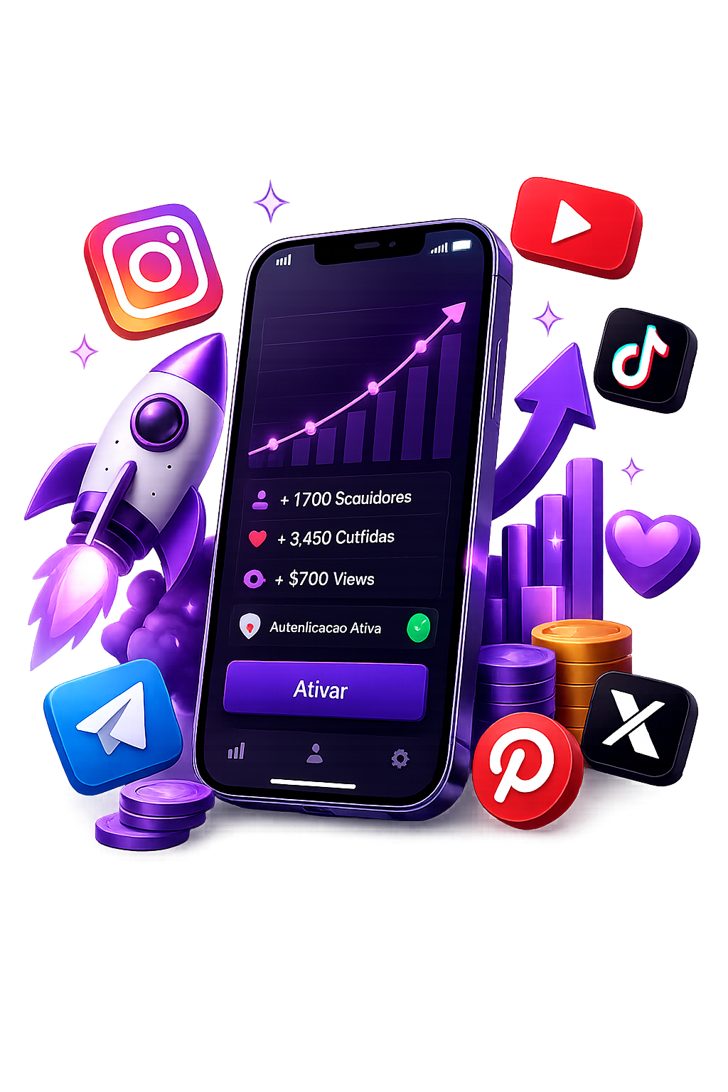 App de crescimento de redes sociais com gráficos e métricas em ascensão